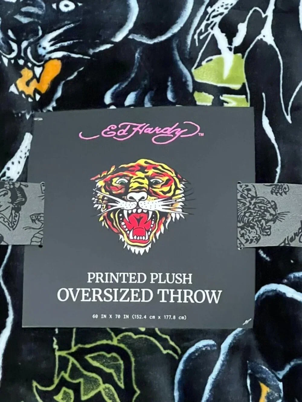 ED HARDY Black Plush Throw Blanket 60x70 Y2K Tattoo Panther Grim Reaper Bats NWT
